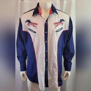 Vintage Ely Cattleman XL Western Shirt Pearl Snap Horse Red White Blue Patriotic